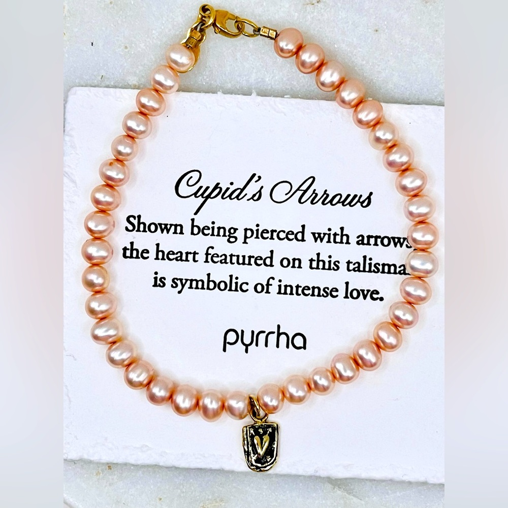 💕PYRRHA Bracelet Cupid's Arrows 14K Gold & Freshwater Pink Pearls
7” length